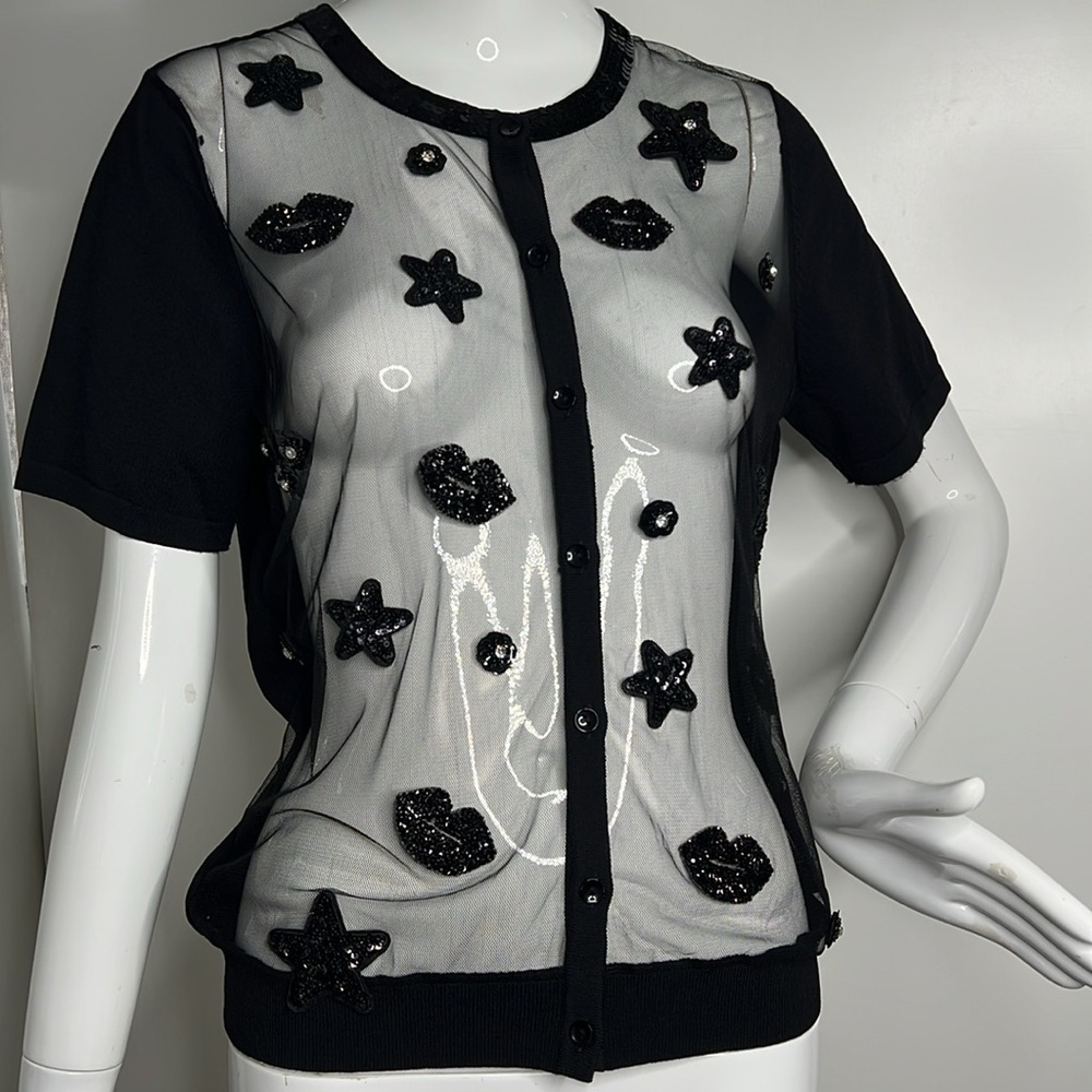 Leo & Ugo Size 0 XS Sheer Front Beaded Patches Short Sleeve Cardigan - New